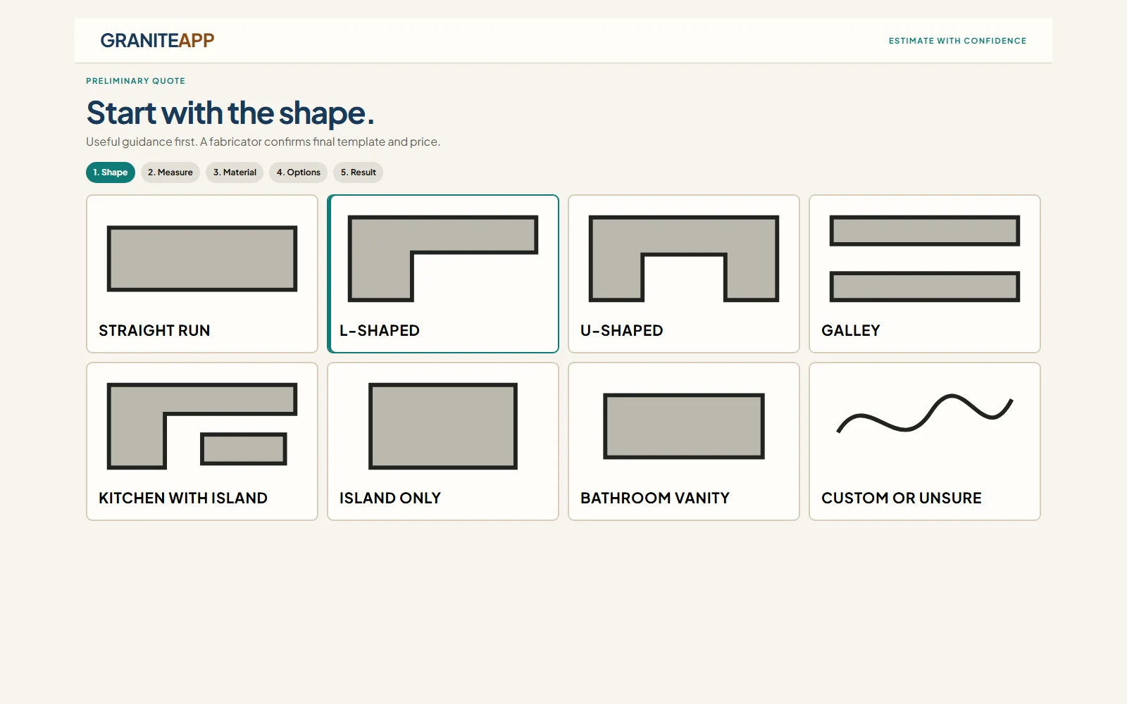 GraniteApp Estimate Tool shape-selection screen with straight, L-shaped, U-shaped, galley, island, vanity, and custom project options