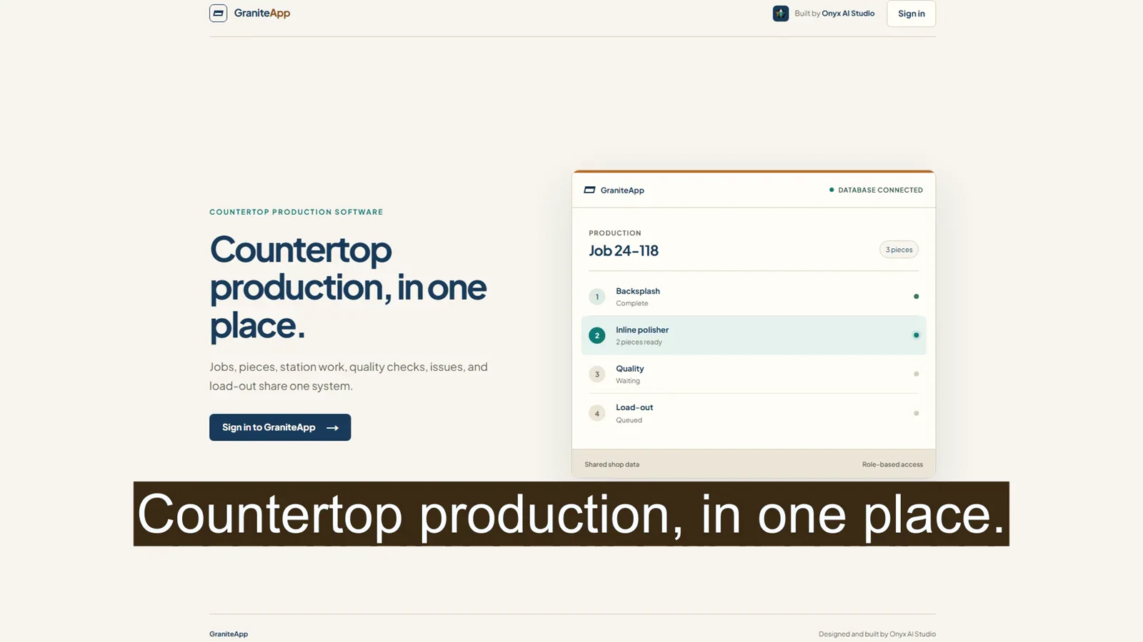 GraniteApp production overview showing a shared job moving through backsplash, inline polisher, quality, and load-out stages